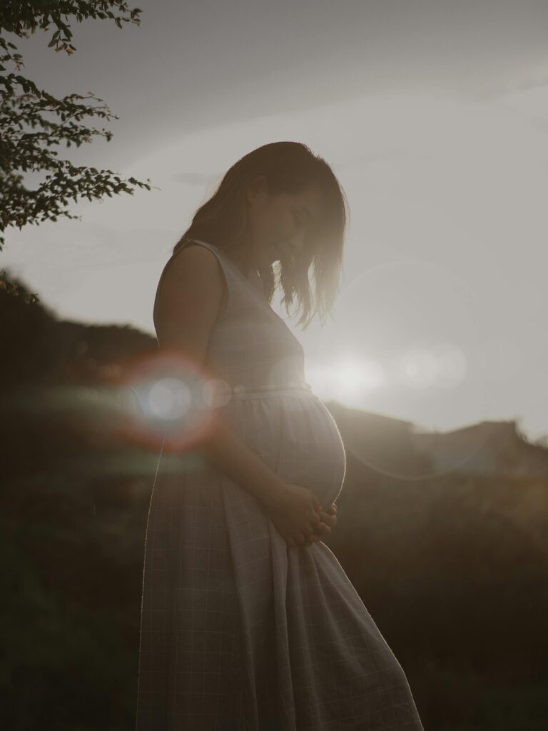 Silhouette of a pregnant woman in a dress during sunset, capturing a serene moment.