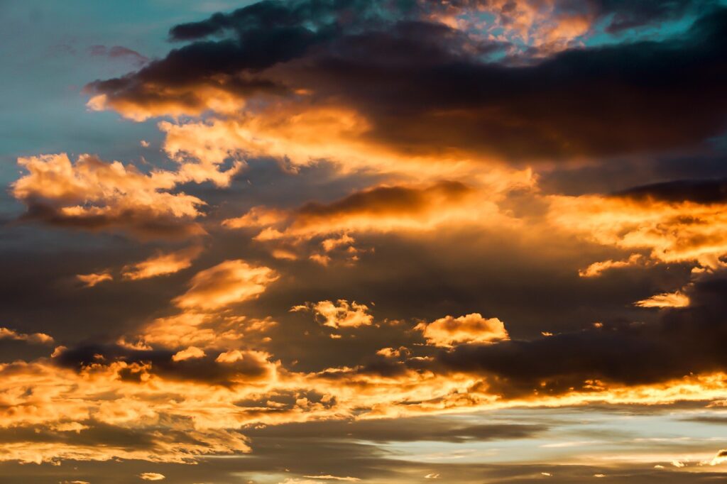 clouds, sky, sunset, dusk, twilight, orange sky, atmosphere, nature, cloudscape, dark clouds, cloudy, cumulus clouds